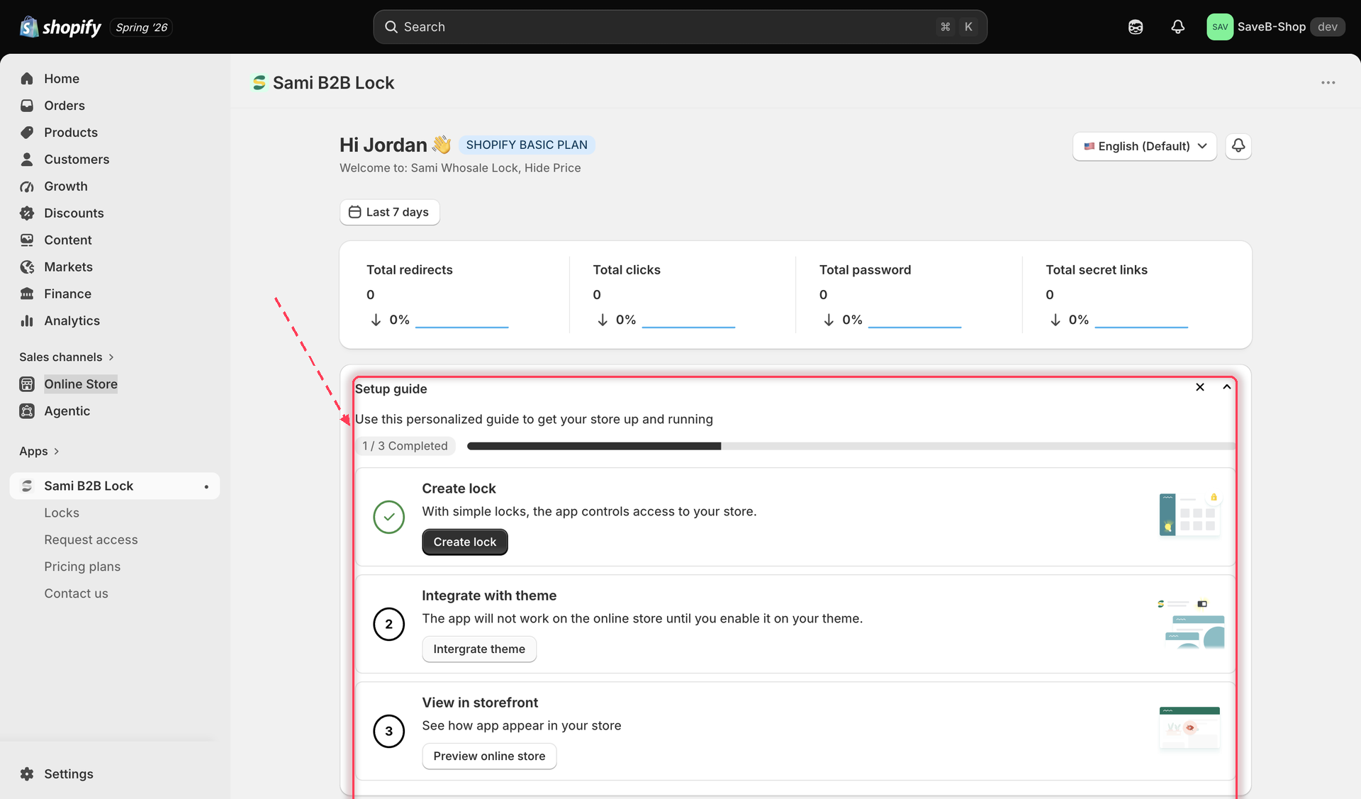 The app dashboard's Setup guide card showing the three steps and a completion progress bar