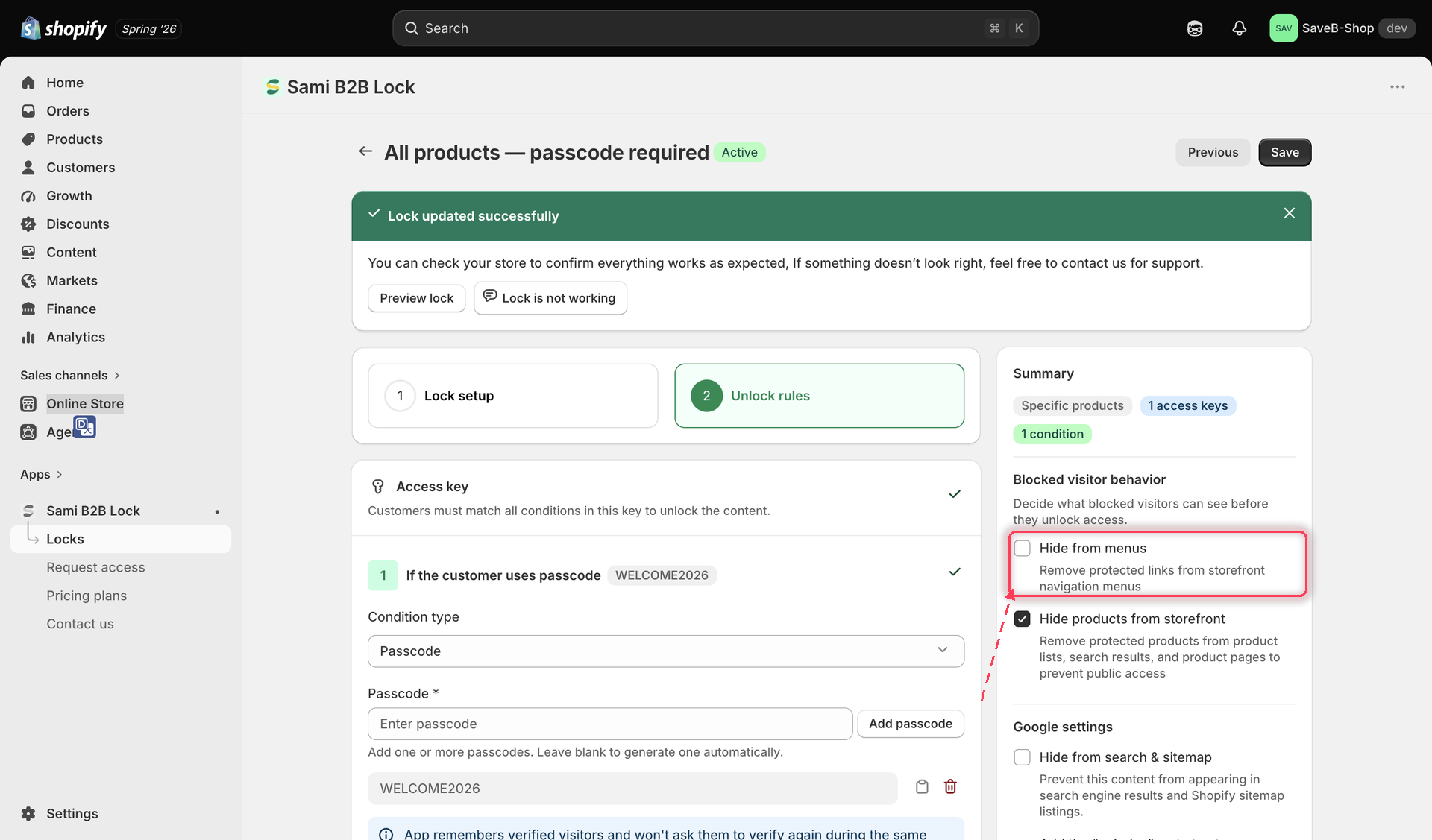 The Hide from menus checkbox in the Blocked visitor behavior section of the lock editor.