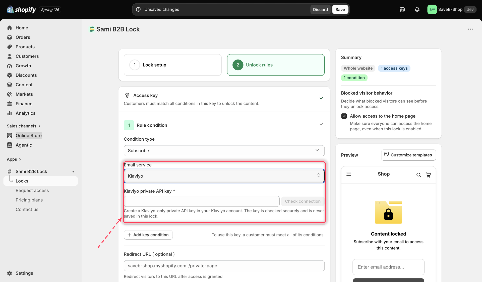 The Subscribe to unlock rule with Klaviyo connected, showing the audience type selector and list or segment picker.