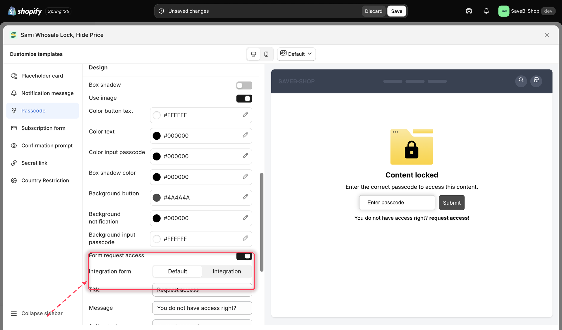 The Form request access toggle turned on in the Customize templates panel, with the Integration form options and copy fields underneath.
