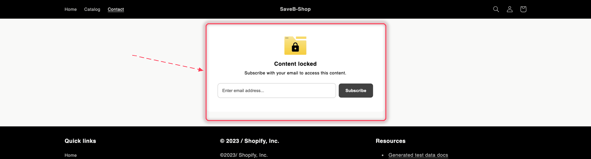 A locked storefront page showing the Content locked card with an email field and a Subscribe button.