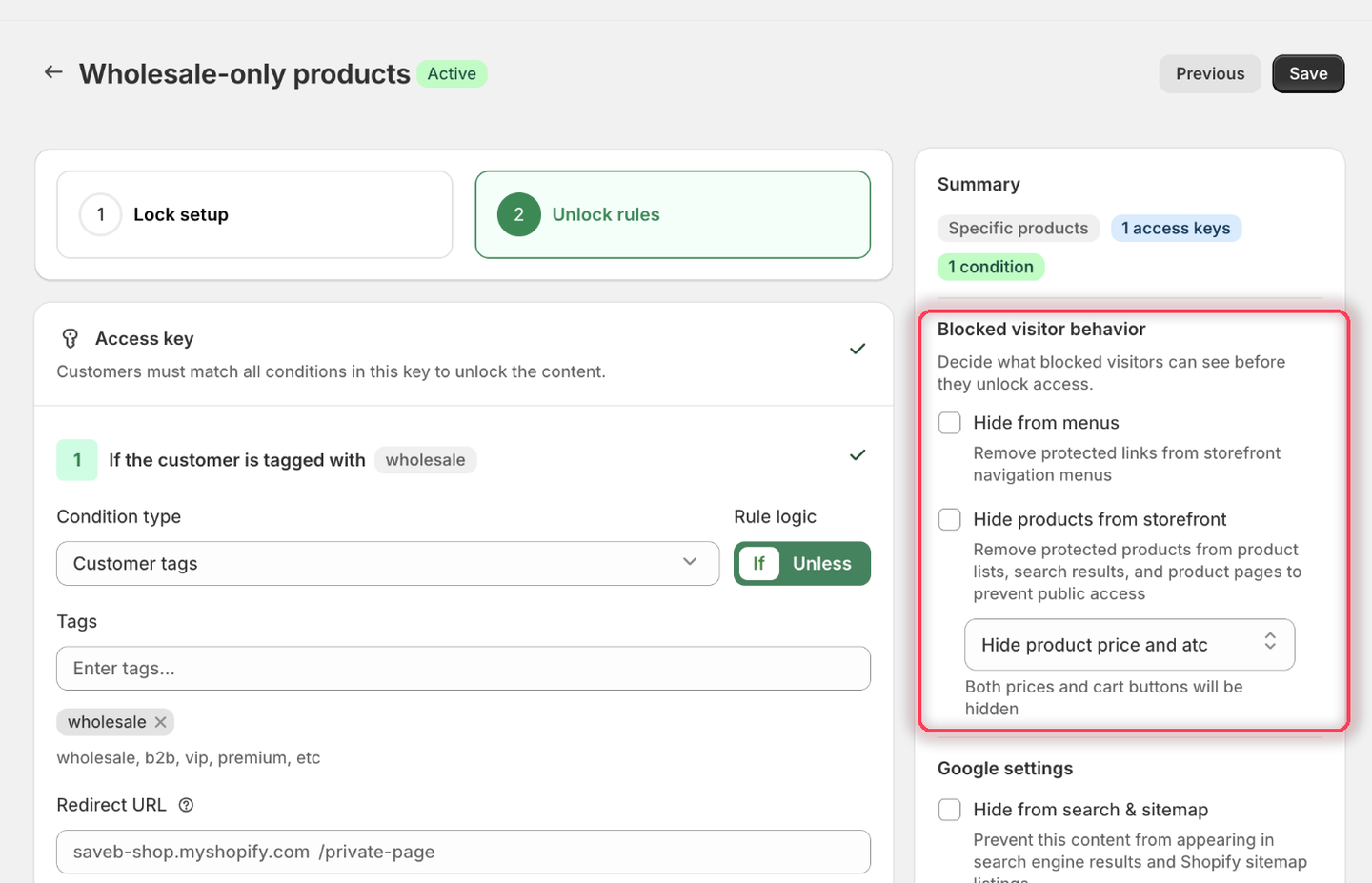 The Blocked visitor behavior panel with Hide product price and atc selected in its dropdown.