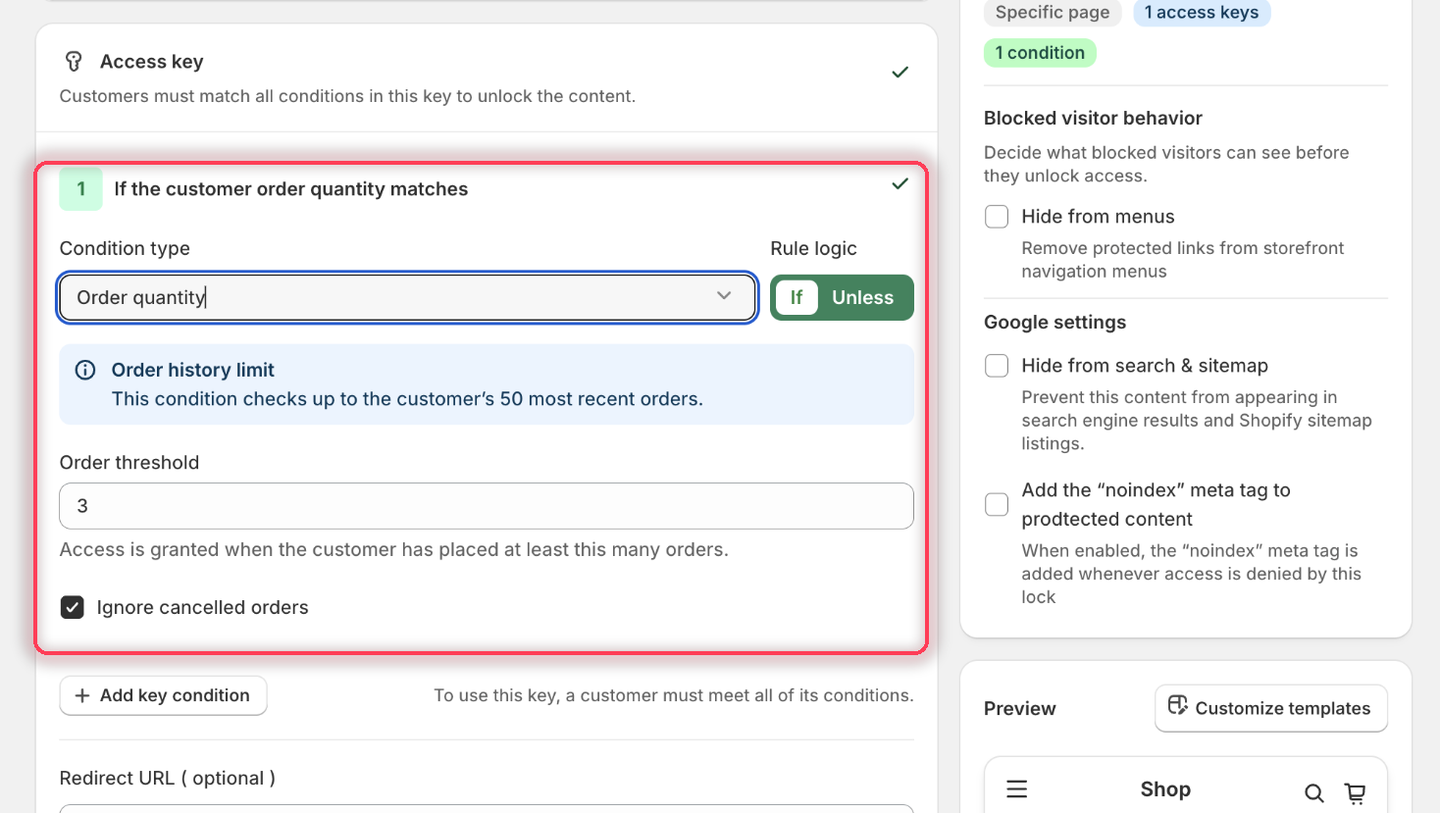 The Order quantity condition with Rule logic If, Order threshold set to 3, and Ignore cancelled orders ticked.