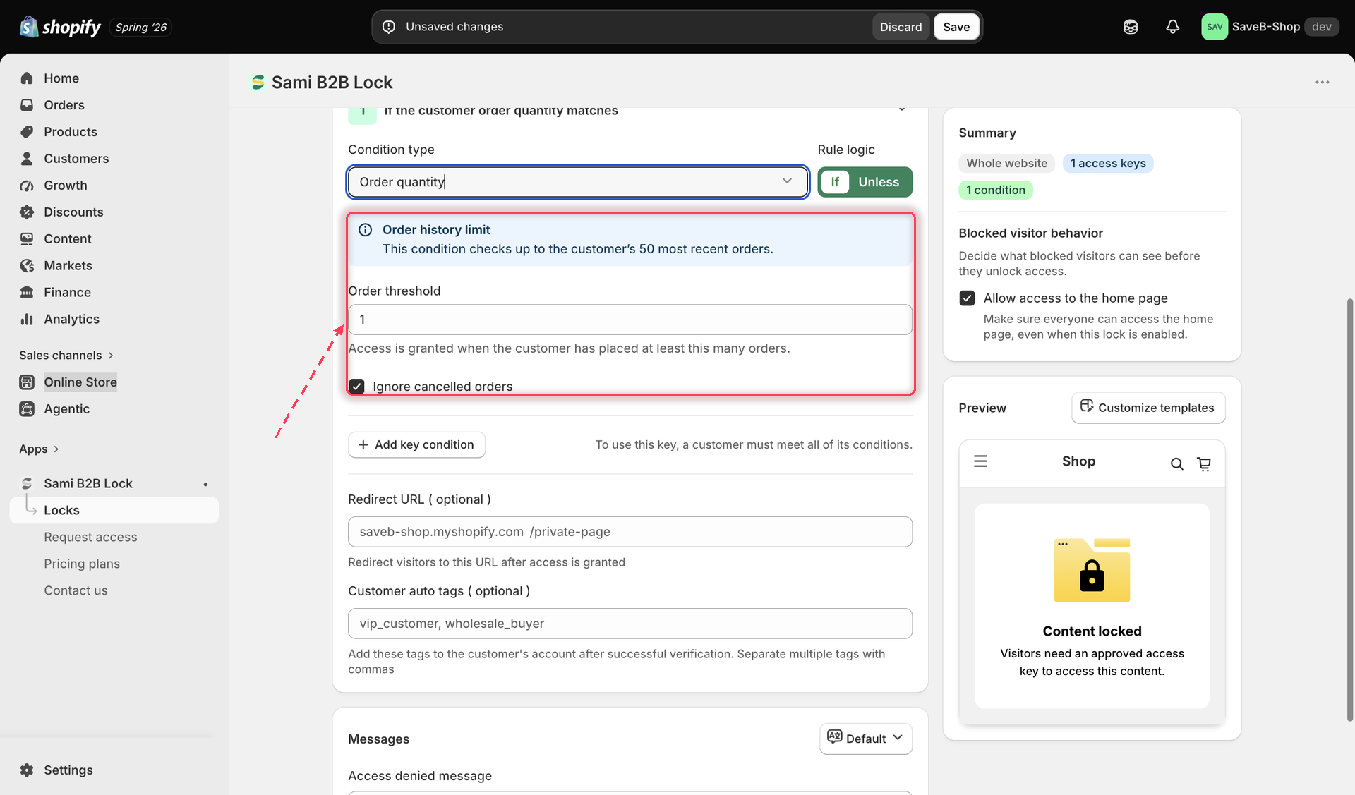 The Order quantity rule settings, showing the order threshold field and the Ignore cancelled orders checkbox.