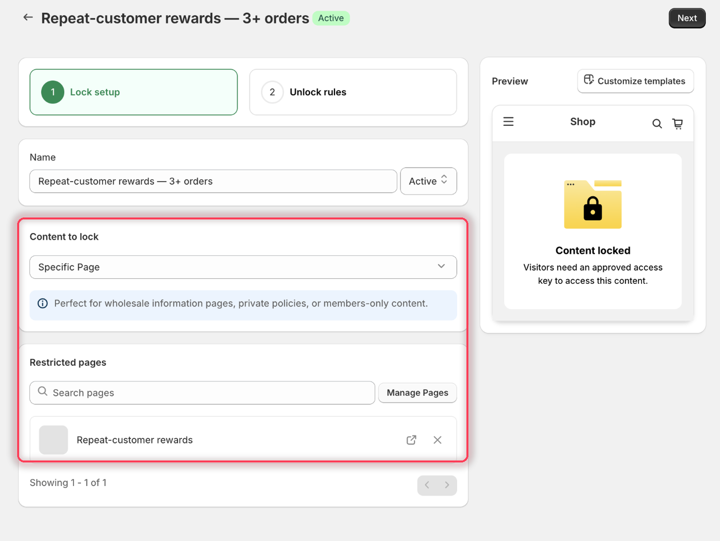 The Lock setup tab with Specific Page as the content type and the Repeat-customer rewards page listed under Restricted pages.