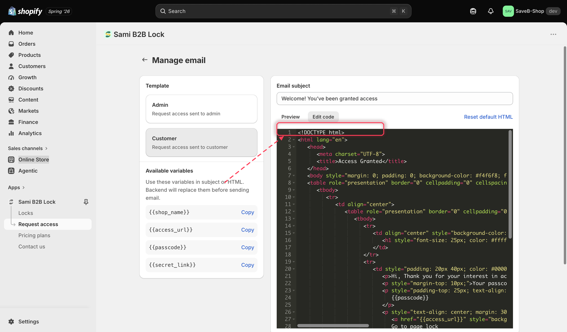 The Manage email page with the Edit code tab active, showing the raw HTML editor next to a panel of available variables with copy buttons.