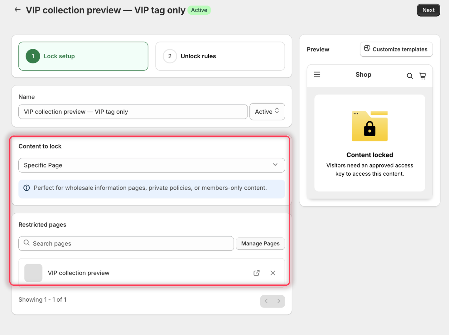 The Lock setup tab with Specific Page as the content type and the VIP collection preview page listed under Restricted pages.