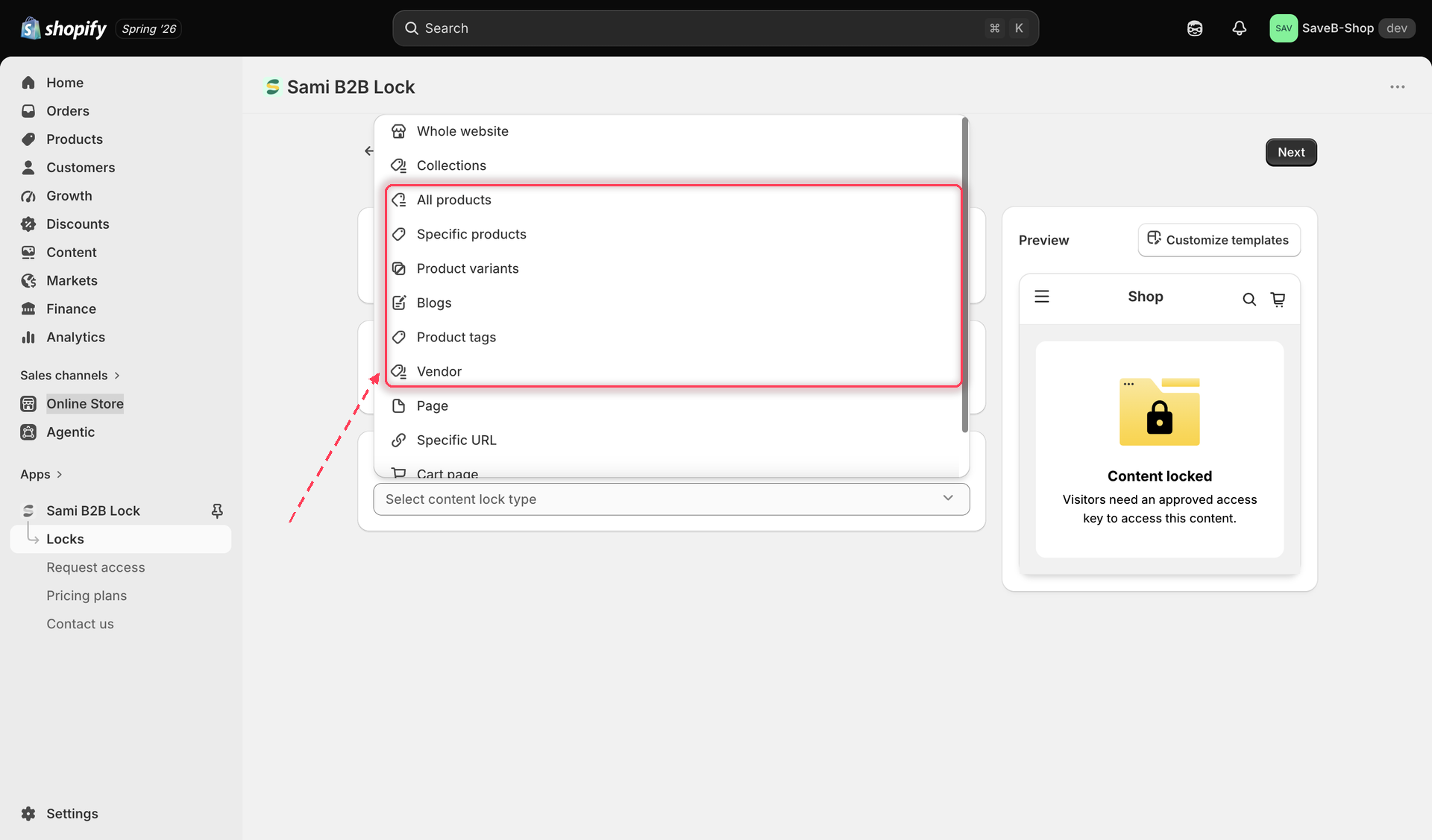 Content to lock picker with Products selected and one product chosen