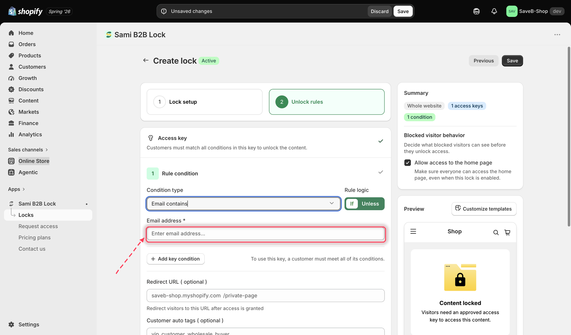 Access rule picker with Email contains selected and a text field for the match string