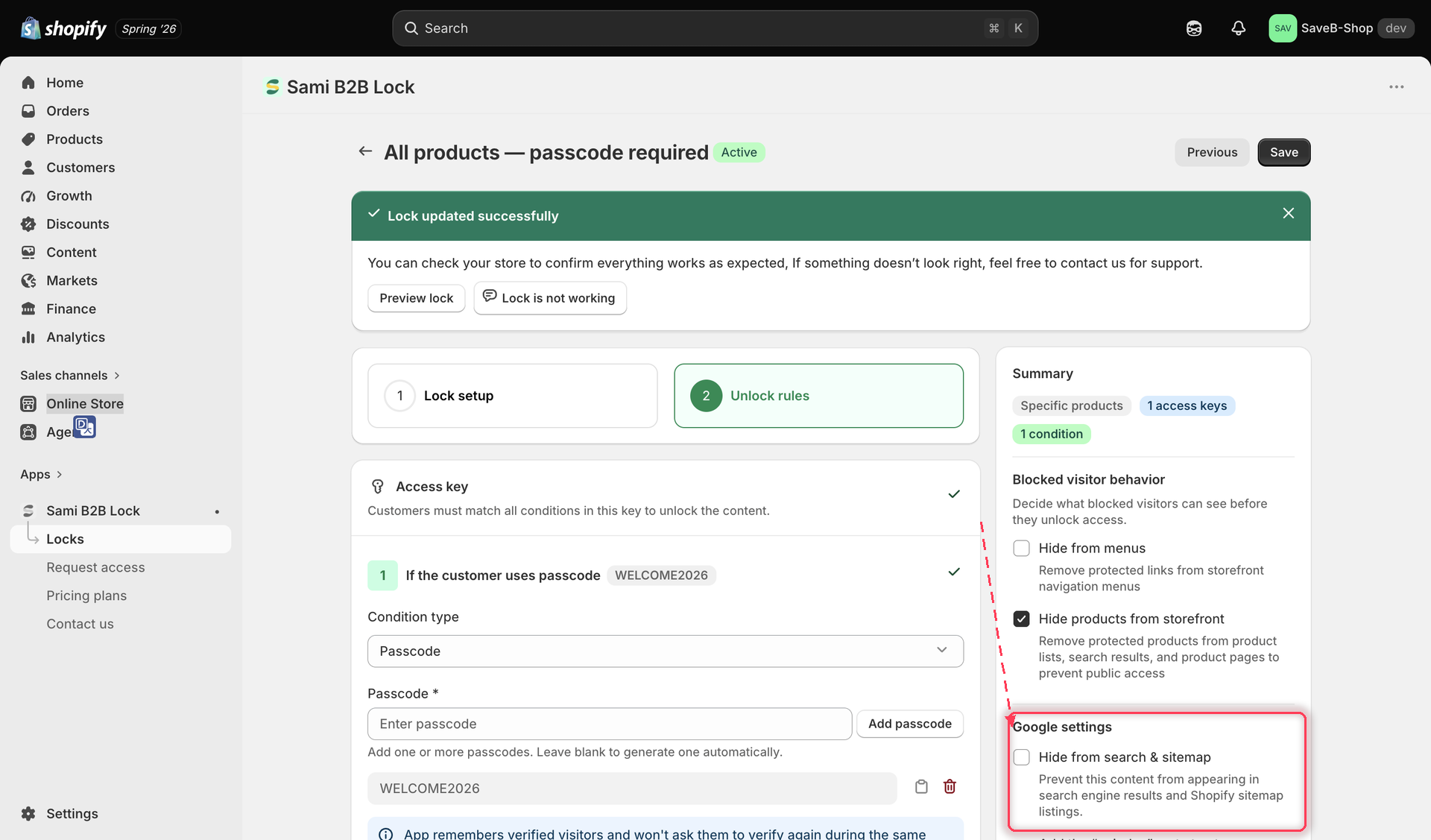 The Google settings section showing the Hide from search and sitemap checkbox and the noindex meta tag checkbox.