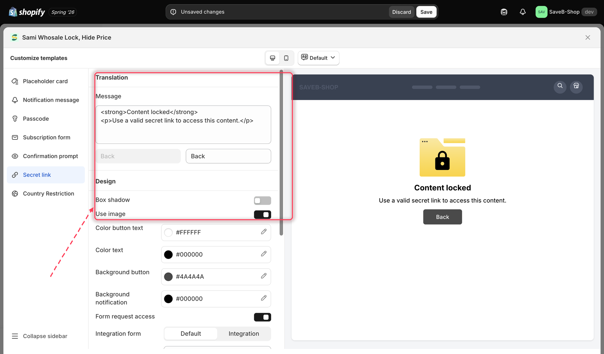 Secret link message field in the lock's translation and messages settings
