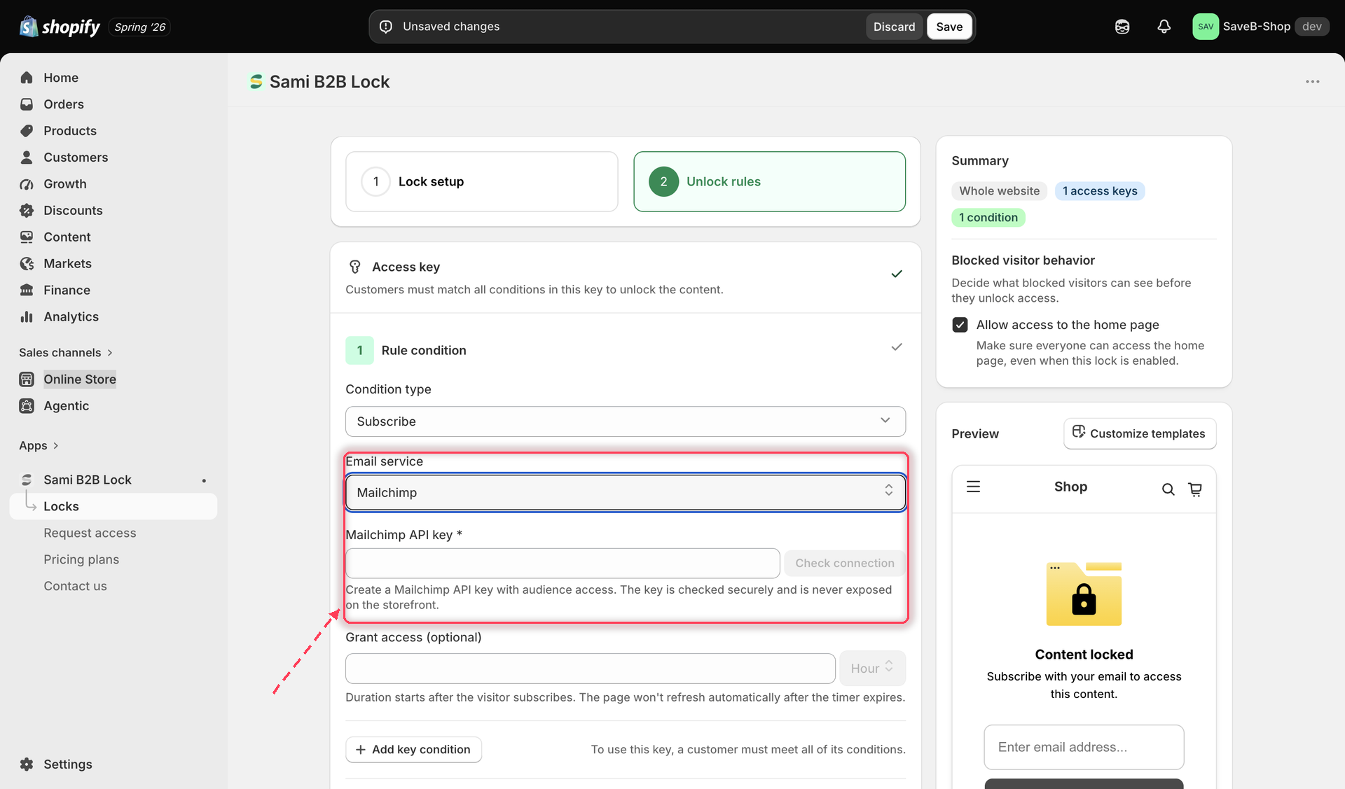 The Subscribe to unlock rule with Mailchimp connected and an audience list selected.