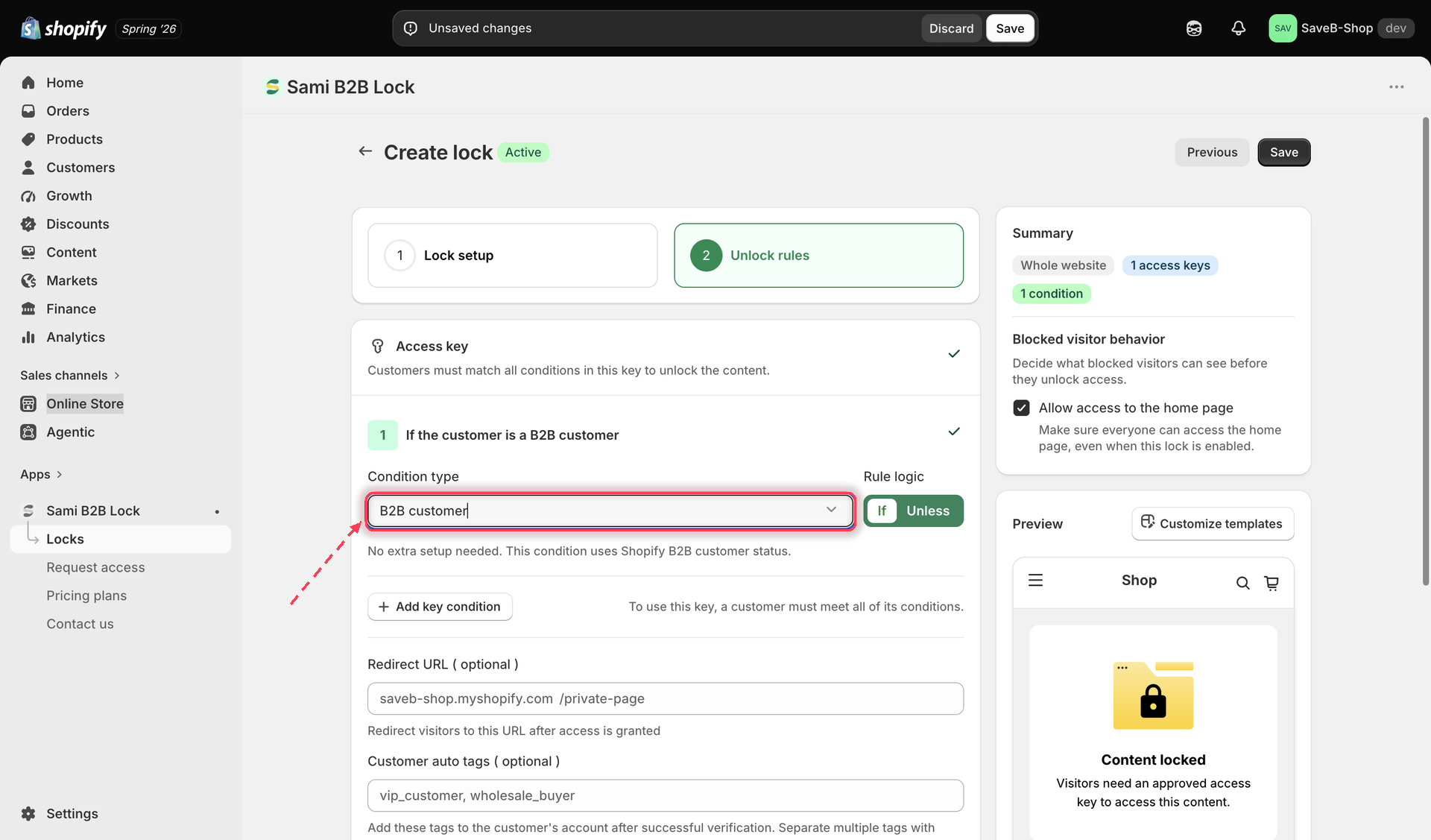 Access rule picker with B2B customer selected as the condition type