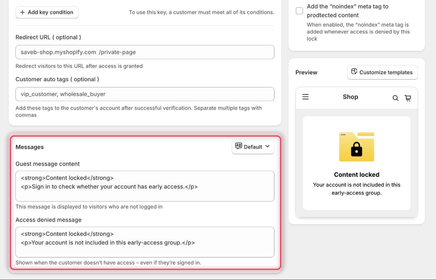 The Messages card showing both the Guest message content and Access denied message fields filled in with the example wording.