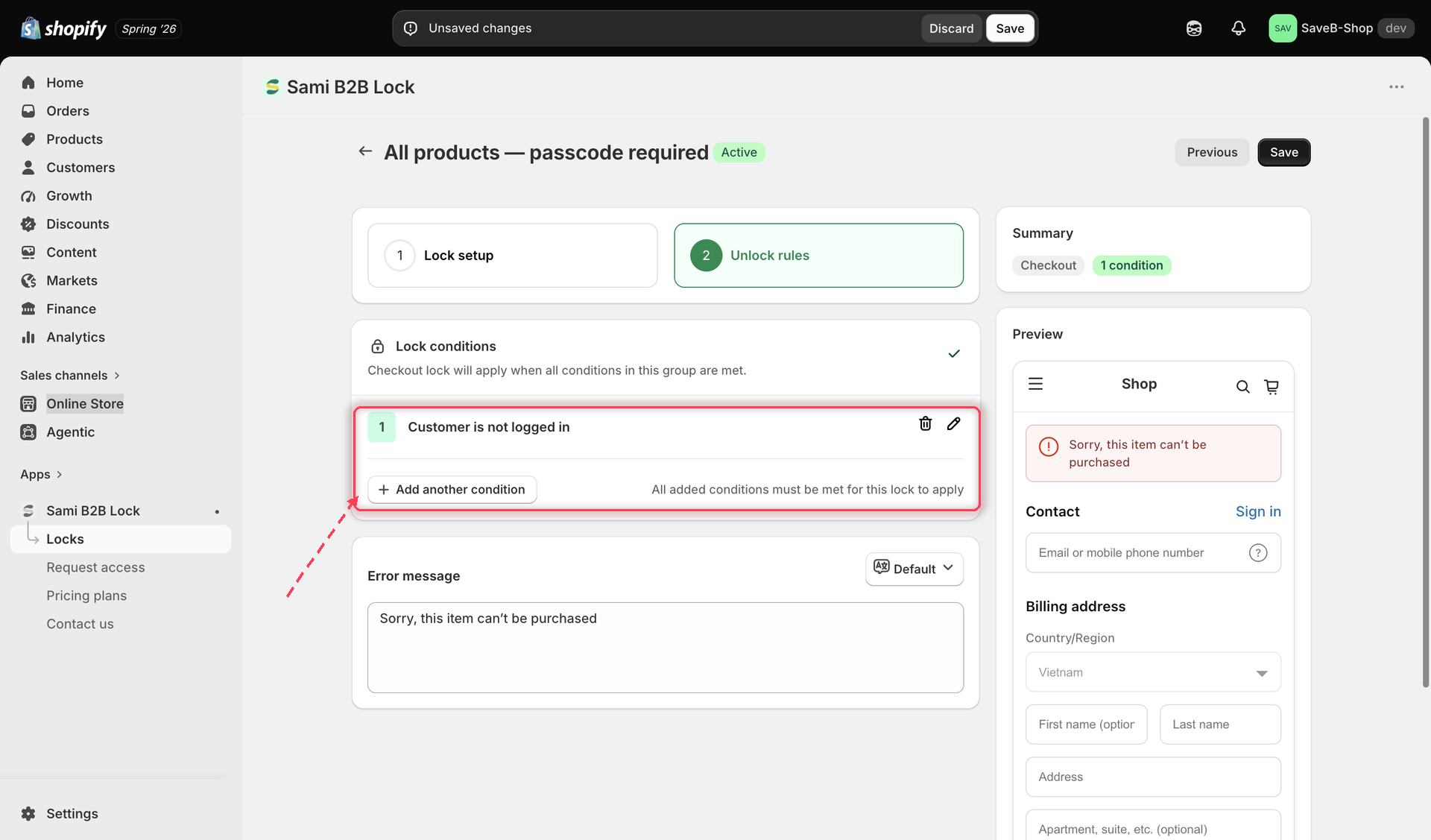 The Lock conditions card for a Checkout lock, showing one condition with edit and delete icons and an Add another condition button.