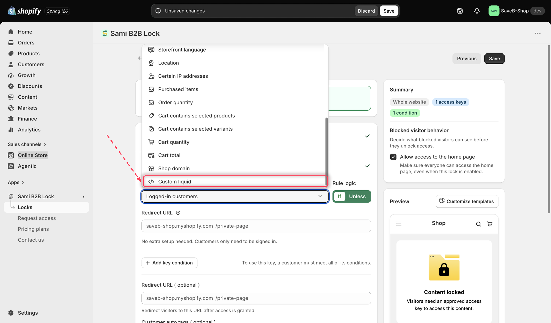 The Condition type dropdown with Custom liquid selected
