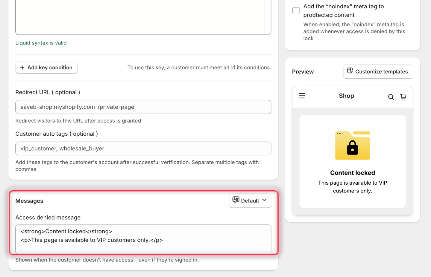 The Messages card with the Access denied message set to the VIP-customers-only wording, and the Preview panel rendering it.